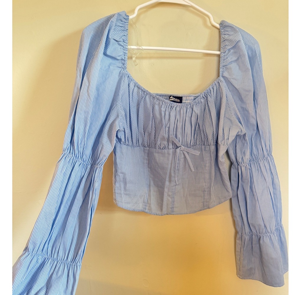 Freshman 1996 Blue White Pinstripe Bell Sleeve Smocked Crop Top Blouse Large